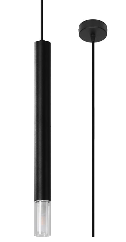 Lampa wisząca Wezyr 1-punktowa w kolorze czarnym, o cylindrycznym kształcie z przezroczystym kloszem u dołu. Zawieszona na cienkim kablu, z okrągłym mocowaniem sufitowym. Prosty, nowoczesny design, idealna do minimalistycznych wnętrz.