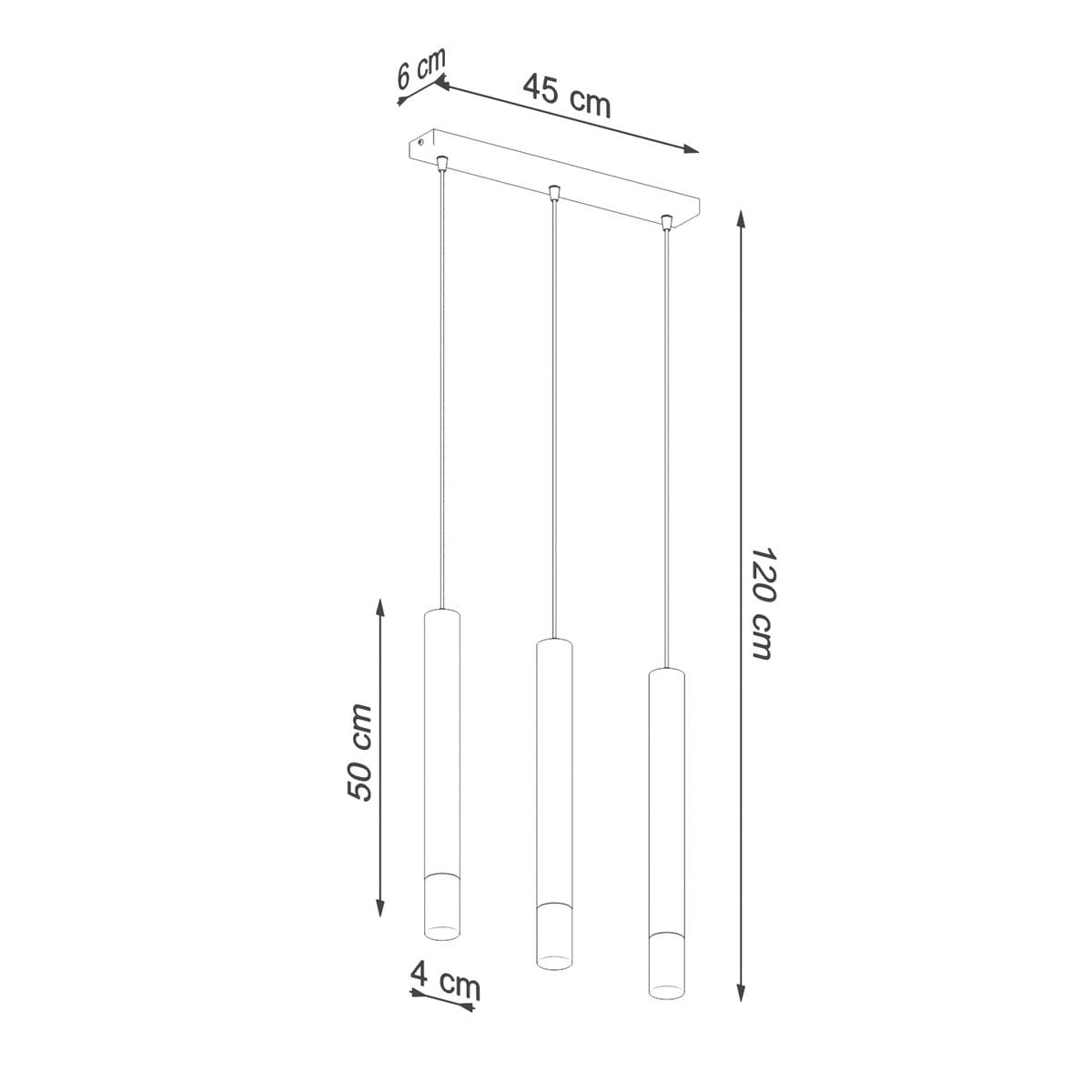 Lampa wisząca Wezyr 3-punktowa w kolorze czarnym, z trzema cylindrycznymi kloszami o wysokości 50 cm i średnicy 4 cm, zawieszona na cienkich linkach, z prostokątnym stelażem o wymiarach 45 cm x 6 cm, całkowita długość 120 cm.