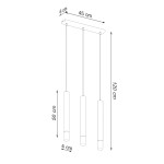 Lampa wisząca Wezyr 3-punktowa w kolorze czarnym, z trzema cylindrycznymi kloszami o wysokości 50 cm i średnicy 4 cm, zawieszona na cienkich linkach, z prostokątnym stelażem o wymiarach 45 cm x 6 cm, całkowita długość 120 cm.