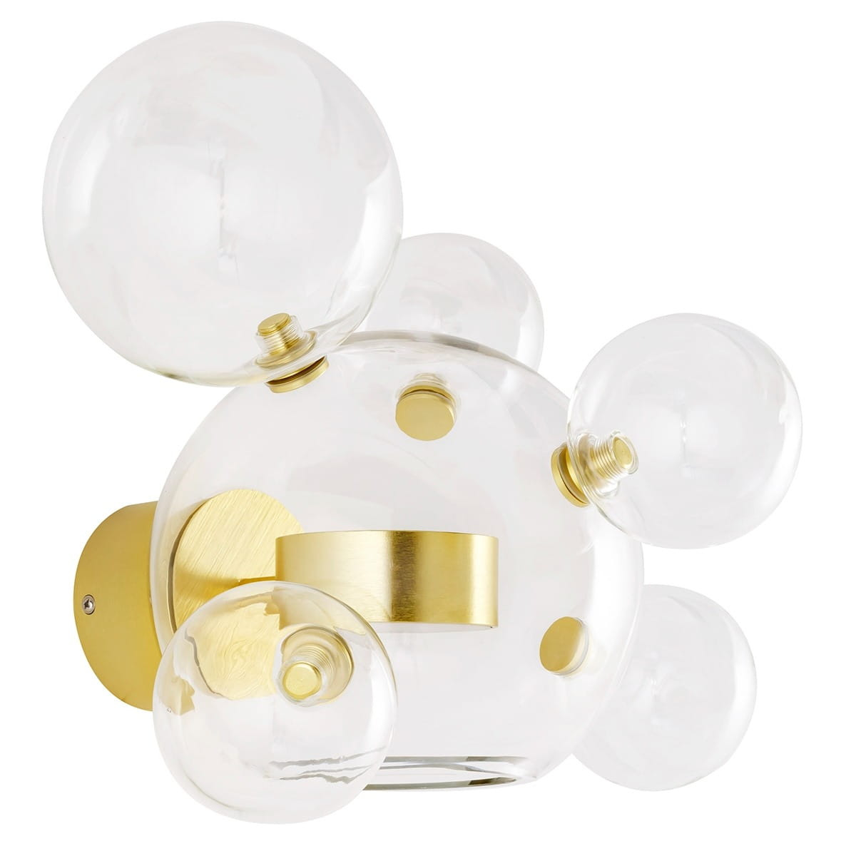Kinkiet Capri LED 1-punktowy w kolorze złotym, z przezroczystymi kloszami w kształcie kul. Montaż na ścianie, z widoczną złotą podstawą i detalami, tworzy nowoczesny efekt świetlny. Wymiary i szczegóły konstrukcji mogą być istotne dla użytkowania.
