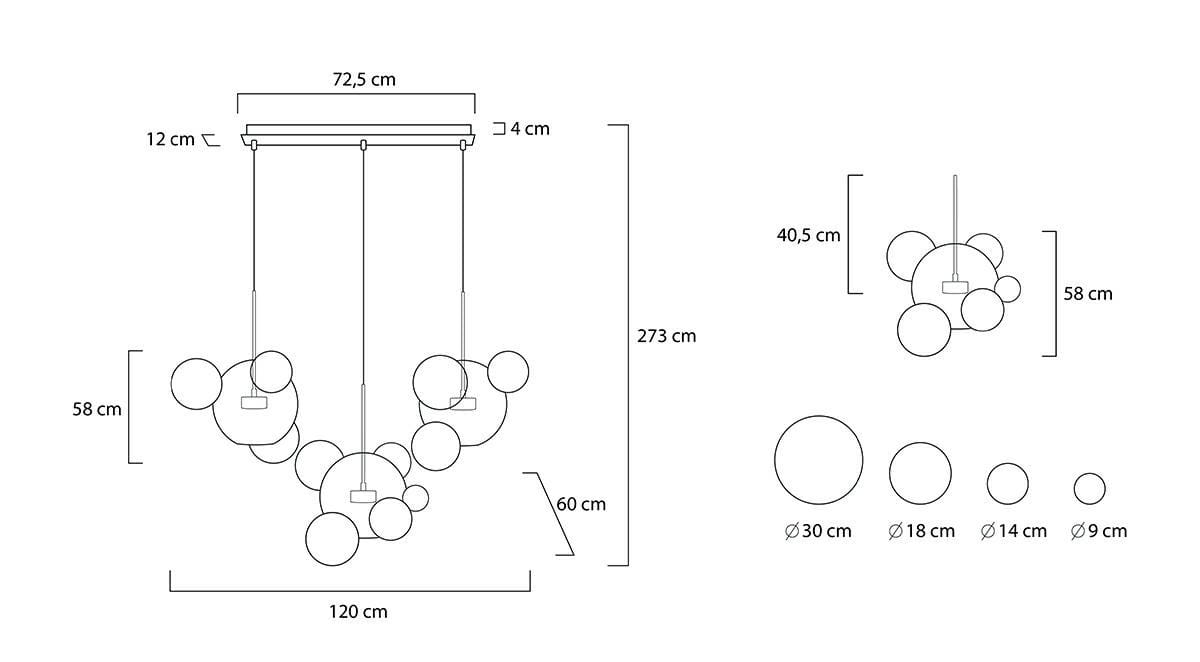 Złota lampa wisząca Capri Line, 3-punktowa, z okrągłymi kloszami w różnych średnicach (30 cm, 18 cm, 14 cm, 9 cm), zawieszona na cienkich linkach. Wymiary: szerokość 72,5 cm, wysokość 58 cm. Prosta konstrukcja, idealna do nowoczesnych wnętrz.