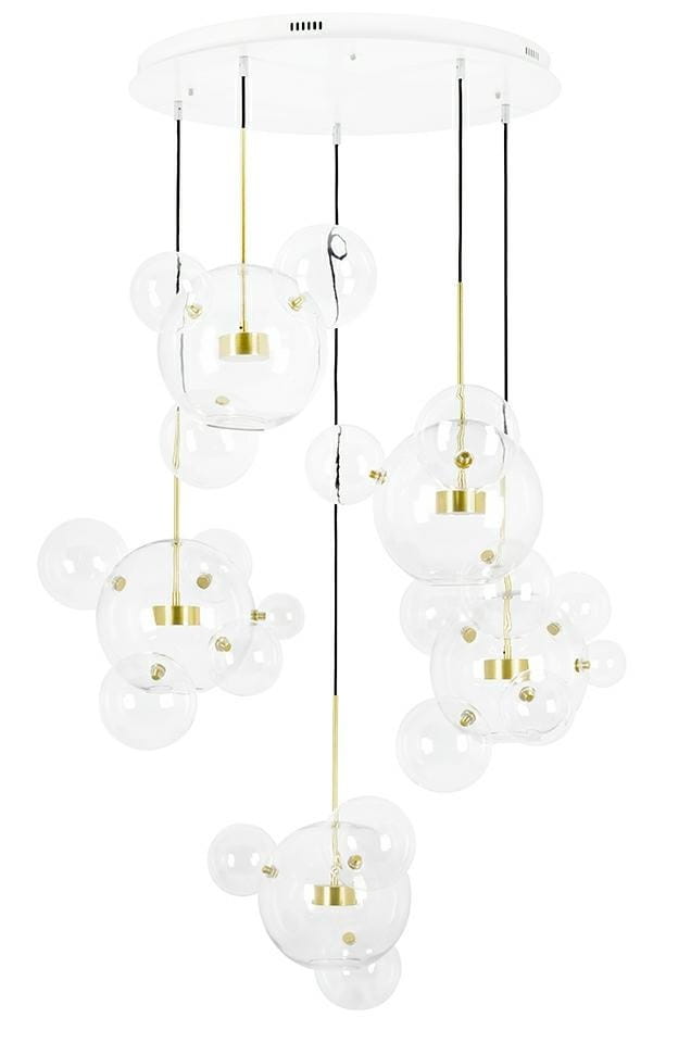 Lampa wisząca Capri Disc LED, 5-punktowa, z przezroczystymi, kulistymi kloszami i złotymi elementami. Zawieszona na czarnych linkach, z białą podstawą sufitową. Klosze różnej wielkości, tworzące efektowną kompozycję świetlną.