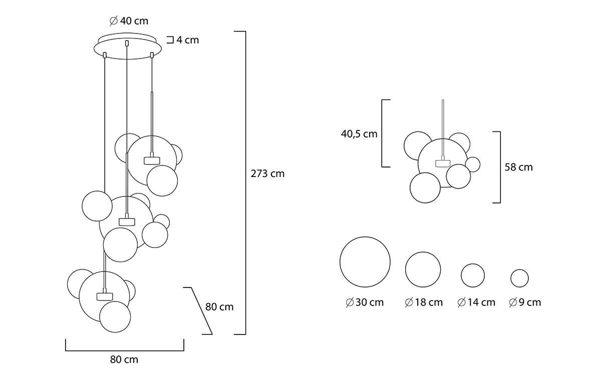 Lampa wisząca Capri Disc w kolorze złotym, 3-punktowa, z okrągłymi kloszami o różnych średnicach (9 cm, 14 cm, 18 cm, 30 cm) zawieszona na regulowanych linkach. Wysokość całkowita 273 cm, średnica sufitu 40 cm, w minimalistycznym stylu.