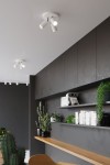 Lampa sufitowa 3-punktowa w kolorze białym, z trzema ruchomymi źródłami światła, zamontowana na suficie. Ujęcie z góry, w nowoczesnym wnętrzu z ciemnymi ścianami i drewnianą półką z roślinami oraz książkami.