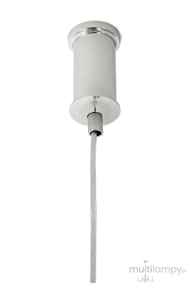 Lampa wisząca Ring D40 LED w kolorze srebrnym, z cylindrycznym kloszem. Zawieszona na cienkim, szarym przewodzie. Widok z dołu, ukazujący mocowanie do sufitu oraz detal lampy.