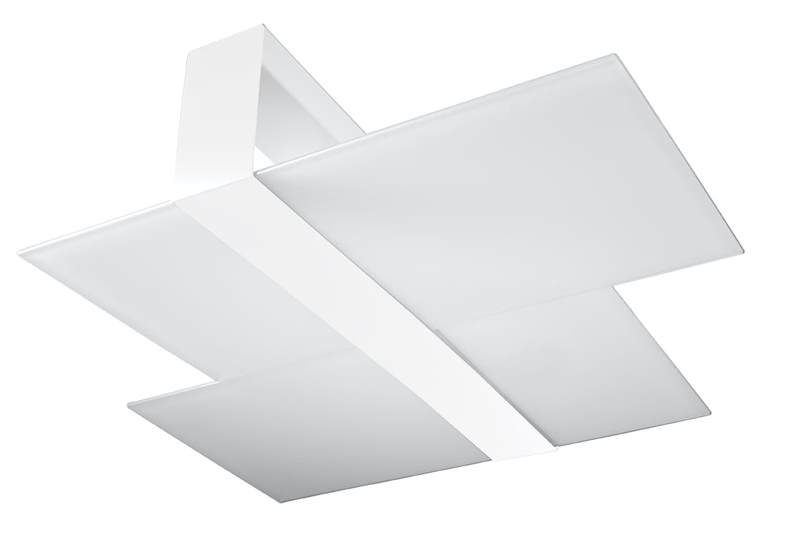 Lampa sufitowa Massimo 2-punktowa w kolorze białym, o nowoczesnym kształcie. Składa się z dwóch płaskich paneli zamocowanych w przekątnej, z białym mocowaniem. Produkt zamontowany na suficie, na jednolitym tle.