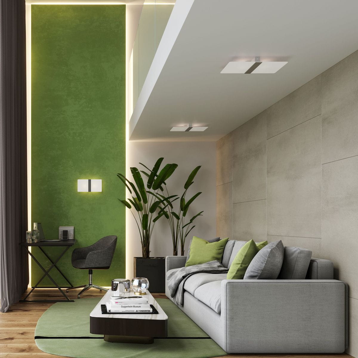 Lampa sufitowa Azalia 2-punktowa w chromie, montowana na suficie, o prostokątnym kształcie. Widoczna w nowoczesnym wnętrzu z zieloną ścianą, obok rośliny i szarej kanapy, w jasnym otoczeniu.