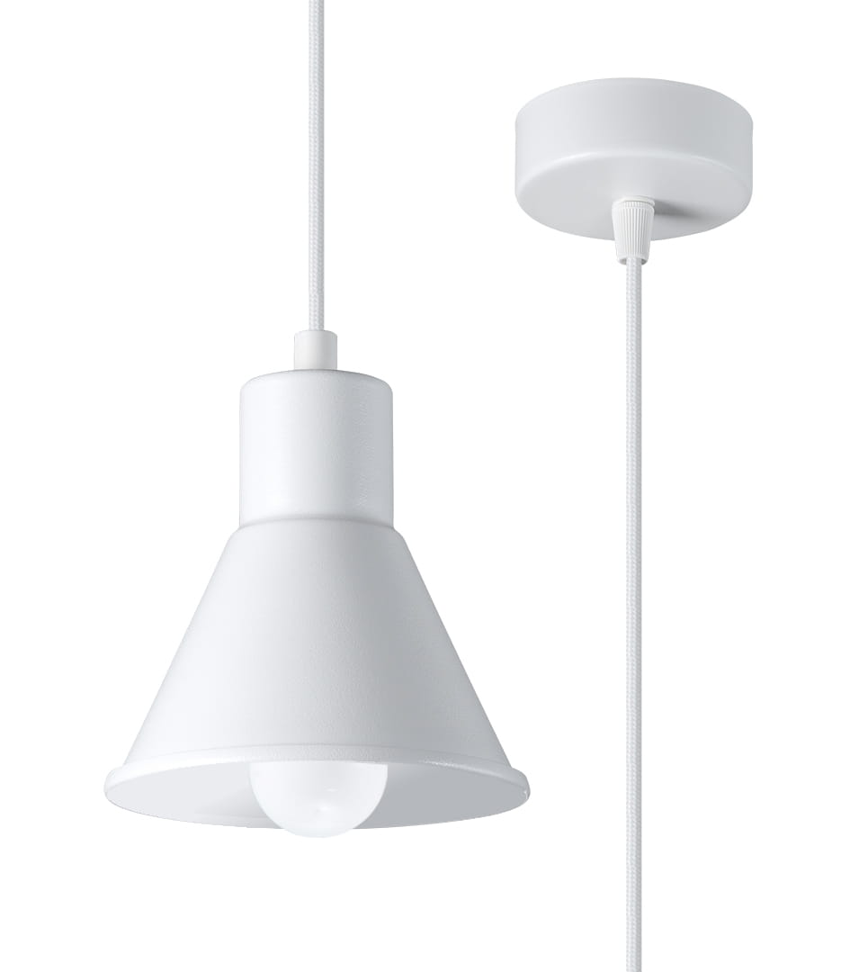 Lampa wisząca Taleja 1-punktowa w kolorze białym z kloszem w kształcie stożka, zawieszona na cienkim przewodzie. U góry widoczny sufitowy uchwyt w tym samym kolorze. Przeznaczona do montażu w pomieszczeniach.