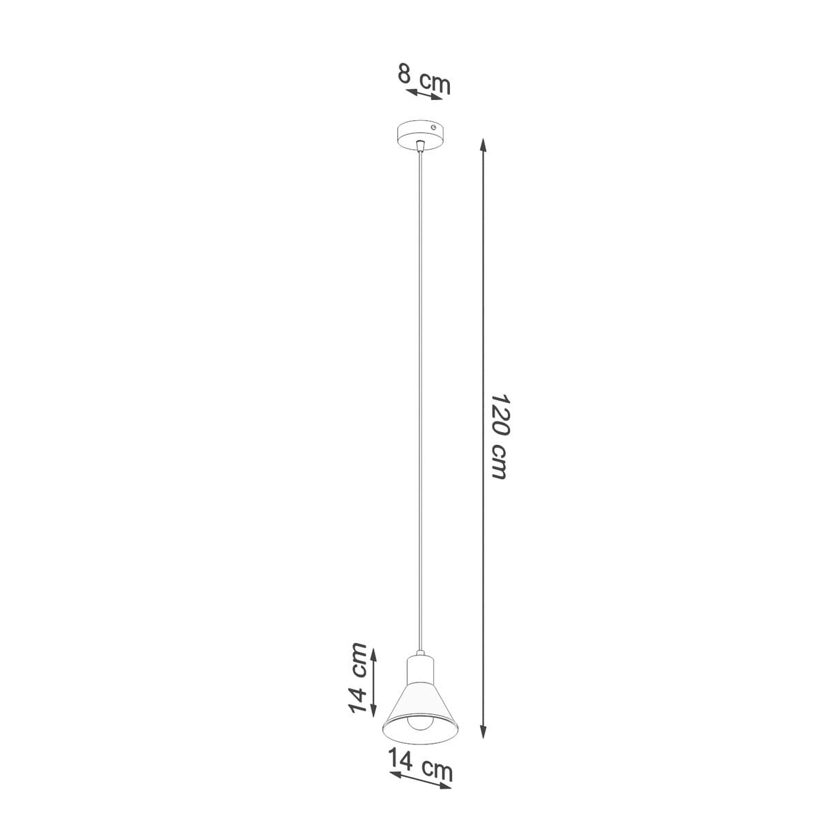 Lampa wisząca 1-punktowa w kolorze białym. Kształt klosza stożkowy, średnica 14 cm, wysokość 14 cm. Długość zawieszenia wynosi 120 cm, szerokość mocowania 8 cm. Prosty design, idealna do nowoczesnych wnętrz.