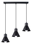 Lampa wisząca 3-punktowa w kolorze czarnym, z trzema stożkowymi kloszami. Każdy klosz zawiera okrągłą żarówkę, zawieszone na cienkich kablach z metalowym wspornikiem. Ujęcie frontalne, na jednolitym tle.