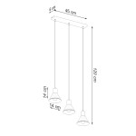 Czarna lampa wisząca 3-punktowa Taleja, z metalowym stelażem o wymiarach 45 cm długości i 6 cm szerokości. Trzy klosze o wysokości 14 cm zawieszone na wysokości 120 cm, idealna do nowoczesnych wnętrz.