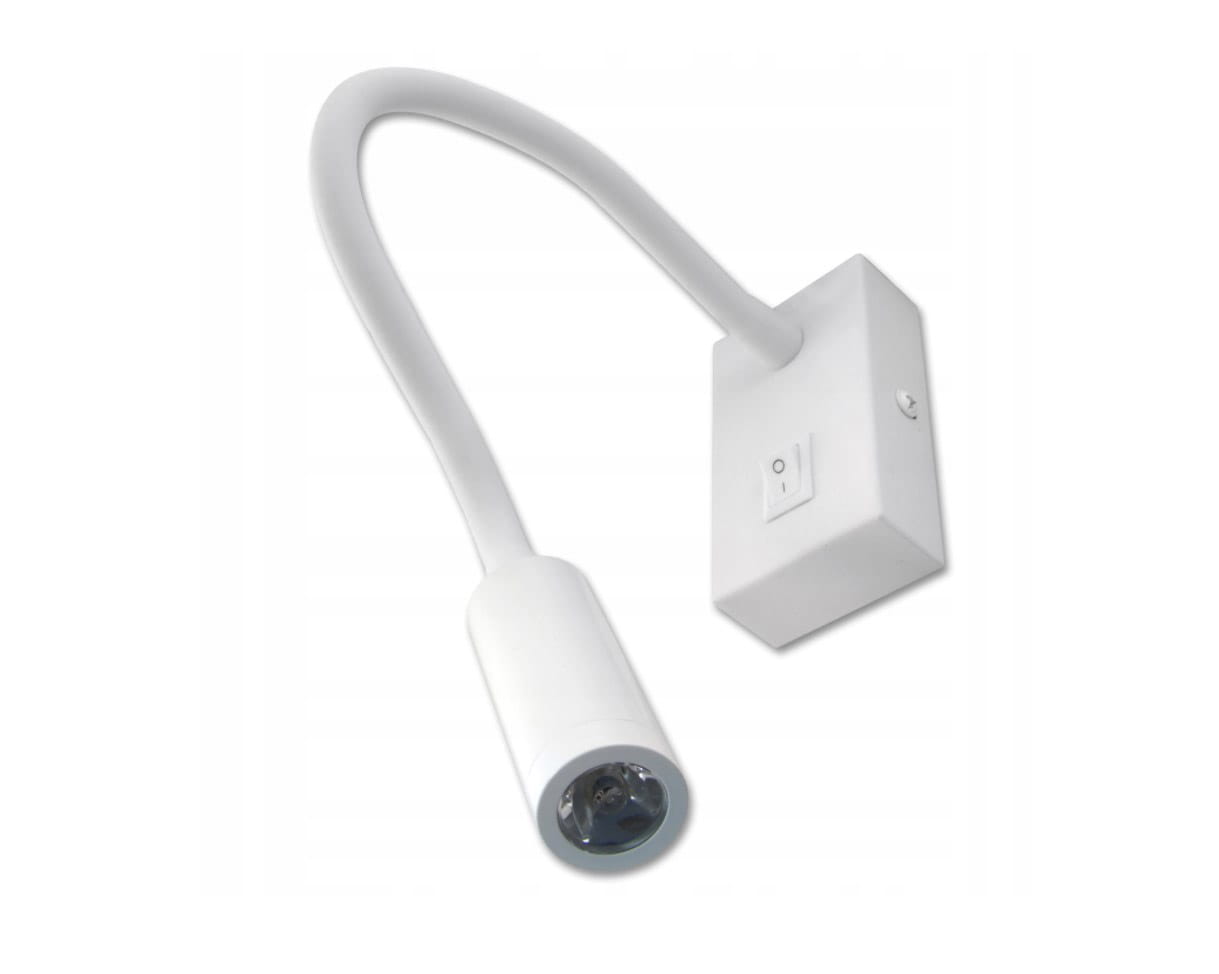 Biały kinkiet LED do czytania z elastycznym ramieniem. Lampa ma prostokątną podstawę z włącznikiem i okrągłą głowicą z diodami LED, umieszczona jest w pozycji pionowej.