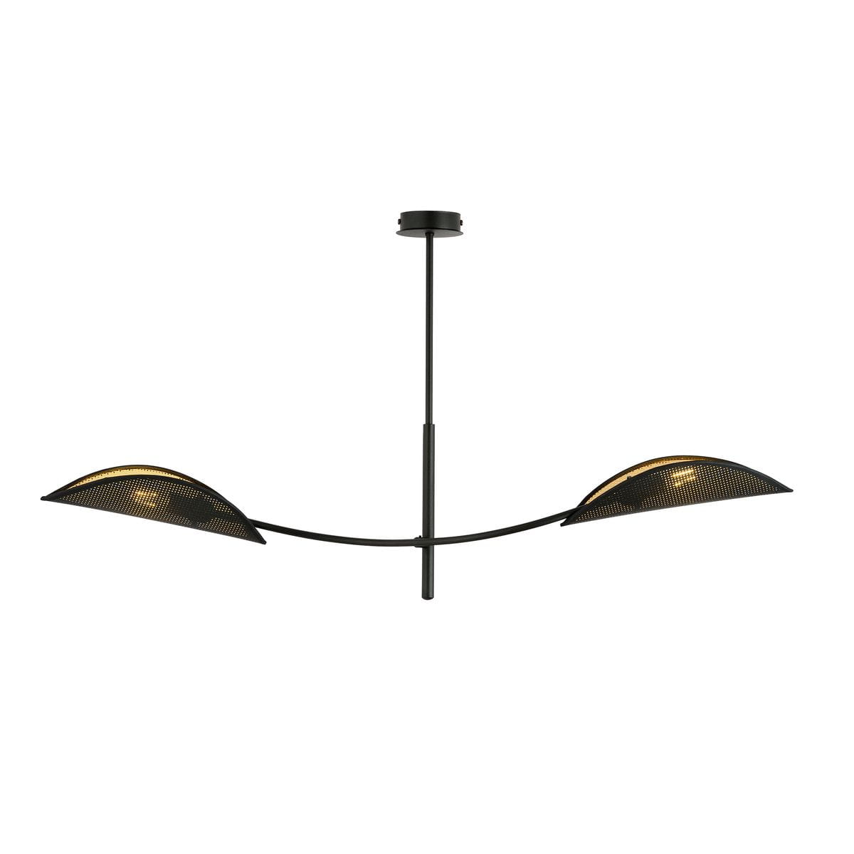 Czarna lampa sufitowa Lotus 2-punktowa z złotymi akcentami. Posiada dwa półkoliste klosze w formie siatki, zawieszone na smukłym, czarnym stelażu. Produkt montowany sufitowo, widoczny z przodu, na jednolitym tle.