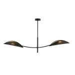 Czarna lampa sufitowa Lotus 2-punktowa z złotymi akcentami. Posiada dwa półkoliste klosze w formie siatki, zawieszone na smukłym, czarnym stelażu. Produkt montowany sufitowo, widoczny z przodu, na jednolitym tle.