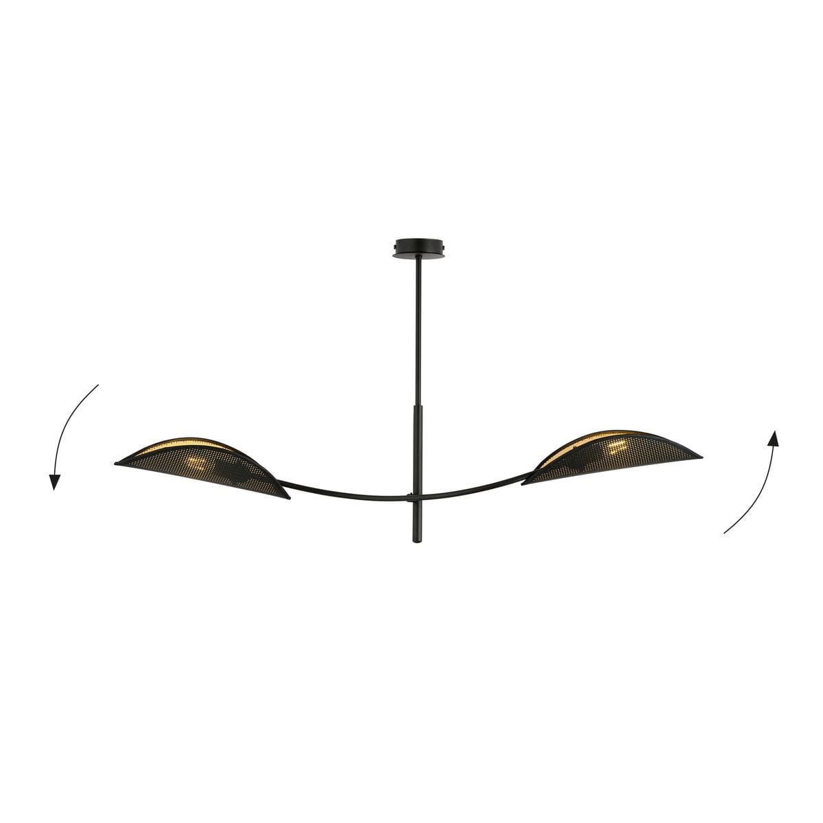 Czarna lampa sufitowa Lotus 2-punktowa z złotymi kloszami, umieszczona na cienkim stalowym ramieniu. Klosze w kształcie zakrzywionych liści, z ażurową strukturą, skierowane w przeciwnych kierunkach, zawieszone na długim przewodzie.