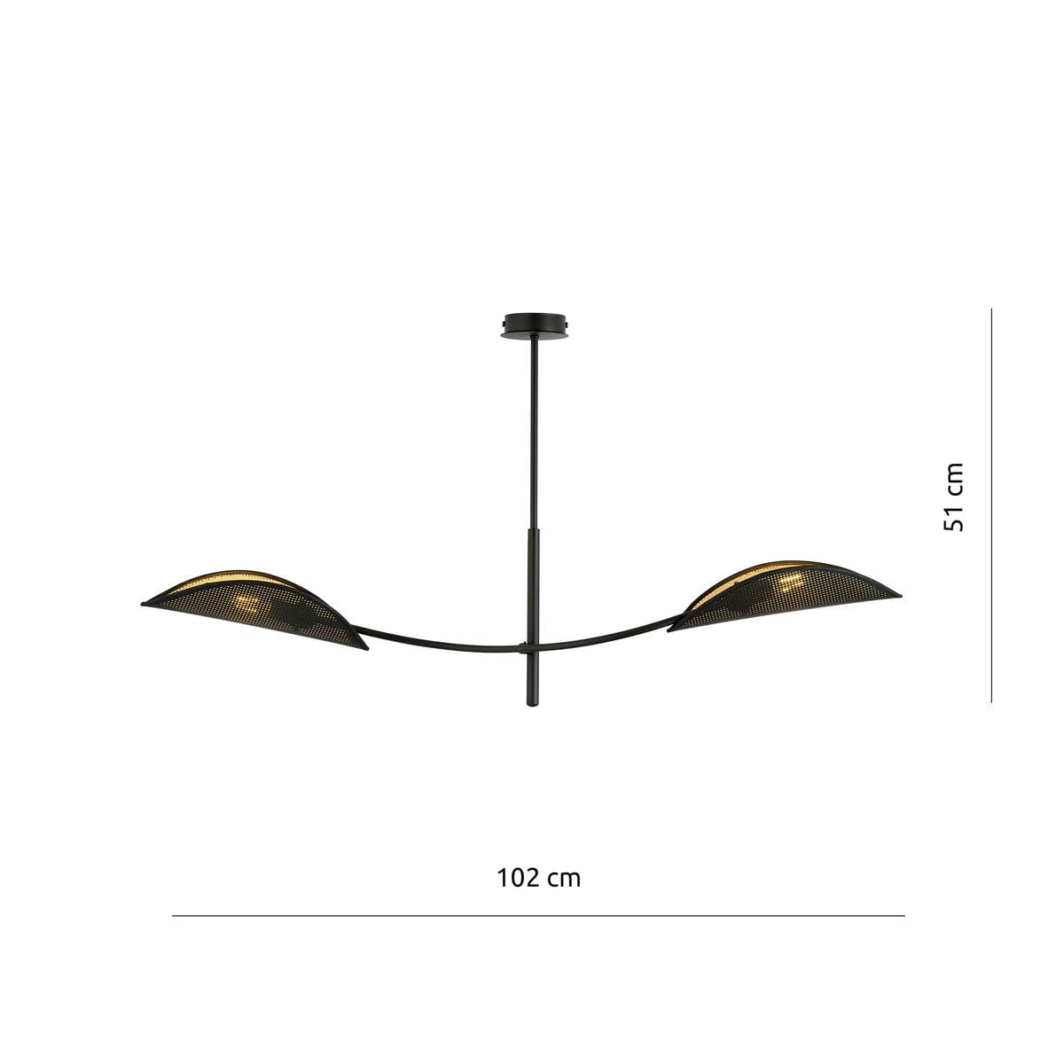 Lampa sufitowa 2-punktowa w kolorze czarnym i złotym, o wymiarach 102 cm szerokości i 51 cm wysokości. Posiada dwa zaokrąglone klosze z siatką, zawieszona na cienkim stelażu. Idealna do nowoczesnych wnętrz.