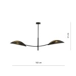 Lampa sufitowa 2-punktowa w kolorze czarnym i złotym, o wymiarach 102 cm szerokości i 51 cm wysokości. Posiada dwa zaokrąglone klosze z siatką, zawieszona na cienkim stelażu. Idealna do nowoczesnych wnętrz.