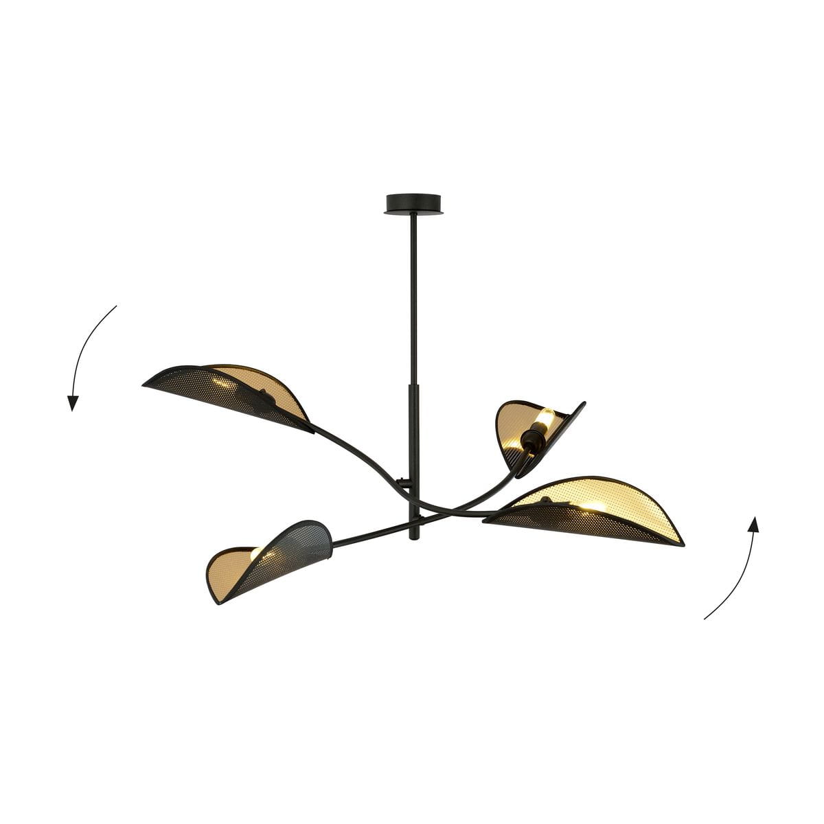 Lampa sufitowa Lotus 4-punktowa w czarnym kolorze z dekoracyjnymi złotymi kloszami o kształcie liści, zawieszona na cienkim stelażu. Klosze są w różnych pozycjach, co nadaje dynamiczny wygląd. Idealna do nowoczesnych wnętrz.