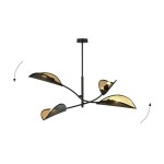 Lampa sufitowa Lotus 4-punktowa w czarnym kolorze z dekoracyjnymi złotymi kloszami o kształcie liści, zawieszona na cienkim stelażu. Klosze są w różnych pozycjach, co nadaje dynamiczny wygląd. Idealna do nowoczesnych wnętrz.