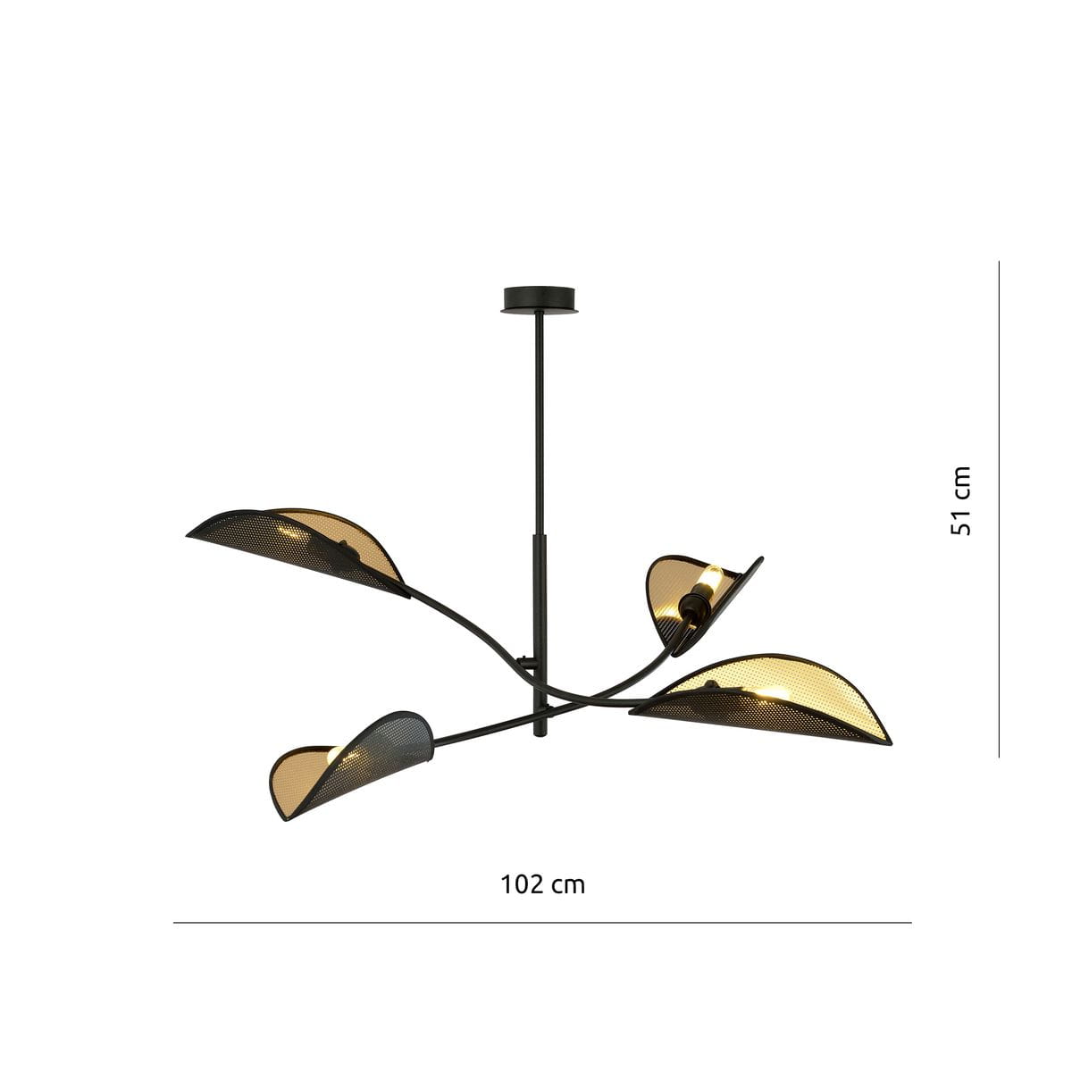 Czarna lampa sufitowa Lotus z czterema punktami świetlnymi, z dekoracyjnymi kloszami w kolorze złotym. Ułożona w rozłożony sposób, wymiary 102 cm szerokości i 51 cm wysokości, z metalowym stelażem.