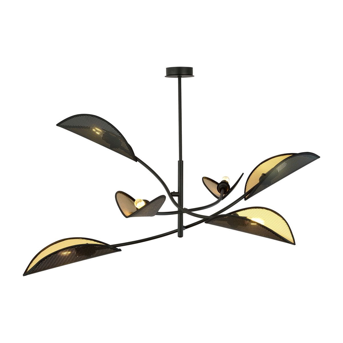 Sufitowa lampa 6-punktowa Lotus w kolorze czarnym i złotym. Posiada sześć asymetrycznych kloszy w kształcie liści, wykonanych z perforowanego metalu, zawieszona na smukłym stelażu. Idealna do nowoczesnych wnętrz.