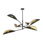 Sufitowa lampa 6-punktowa Lotus w kolorze czarnym i złotym. Posiada sześć asymetrycznych kloszy w kształcie liści, wykonanych z perforowanego metalu, zawieszona na smukłym stelażu. Idealna do nowoczesnych wnętrz.