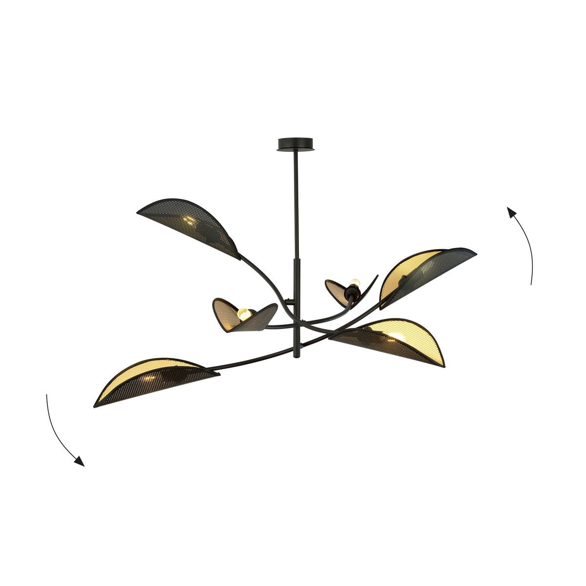 Lampa sufitowa Lotus 6-punktowa w kolorze czarnym i złotym, z metalowymi kloszami w kształcie liści. Produkt zawieszony na długim ramieniu, z kloszami skierowanymi w różnych kierunkach, na jednolitym tle.