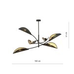 Czarna lampa sufitowa Lotus 6-punktowa z złotymi kloszami, o wymiarach 102 cm szerokości i 51 cm wysokości. Elementy w kształcie liści, z metalową konstrukcją, zawieszona na cienkim przewodzie. Idealna do nowoczesnych wnętrz.