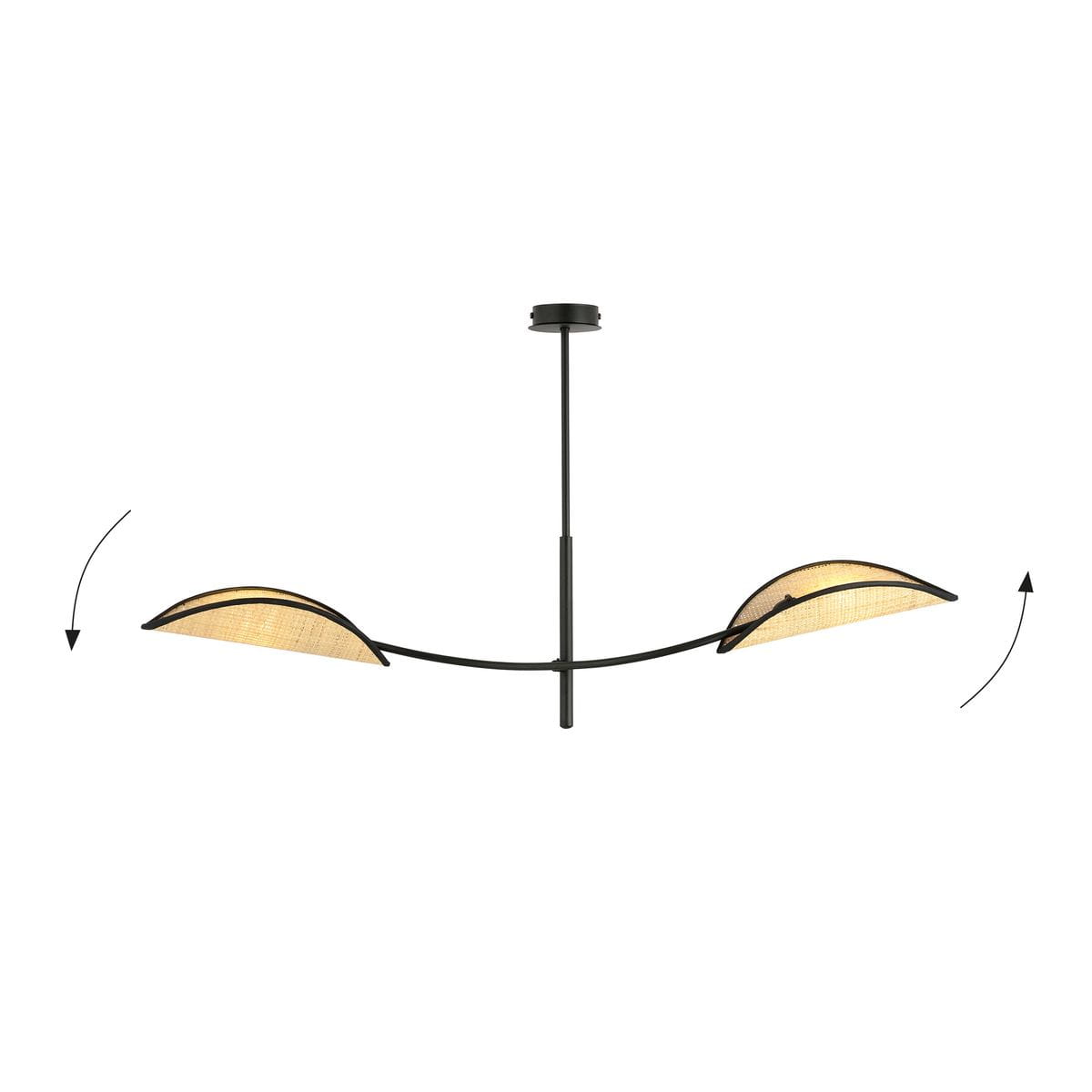 Czarna lampa sufitowa Lotus 2-punktowa z rattanowymi kloszami, zawieszona na cienkim, prostym stelażu. Klosze mają półokrągły kształt, z możliwością regulacji nachylenia. Tło zdjęcia jest białe, co podkreśla detale lampy.