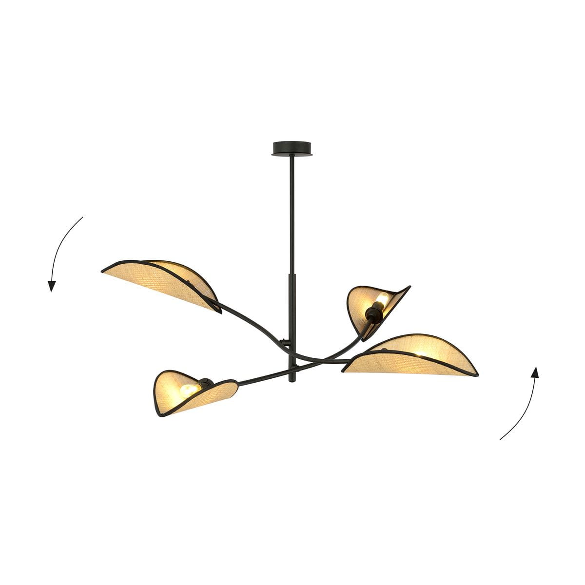 Czarna lampa sufitowa 4-punktowa z rattanowymi kloszami w kształcie liści. Produkt zawieszony na cienkim przewodzie, z kloszami skierowanymi w różnych kierunkach. Prosta konstrukcja, matowe wykończenie, idealna do nowoczesnych wnętrz.