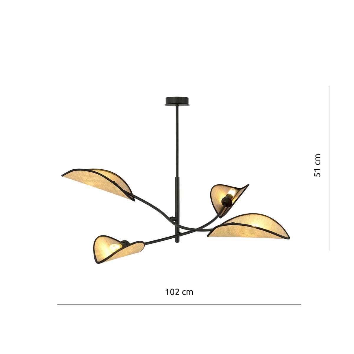 Czarna lampa sufitowa Lotus 4-punktowa z rattanowymi kloszami w kształcie liści. Ułożona w poziomie, zawieszona na cienkim stelażu. Wymiary: 102 cm szerokości, 51 cm wysokości. Idealna do nowoczesnych wnętrz.