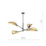 Czarna lampa sufitowa Lotus 4-punktowa z rattanowymi kloszami w kształcie liści. Ułożona w poziomie, zawieszona na cienkim stelażu. Wymiary: 102 cm szerokości, 51 cm wysokości. Idealna do nowoczesnych wnętrz.
