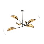 Czarna lampa sufitowa Lotus z sześcioma punktami świetlnymi, wykonana z metalu i rattanu. Posiada asymetryczne klosze w kształcie liści, które emitują ciepłe światło. Montowana na suficie, w eleganckim, nowoczesnym stylu.