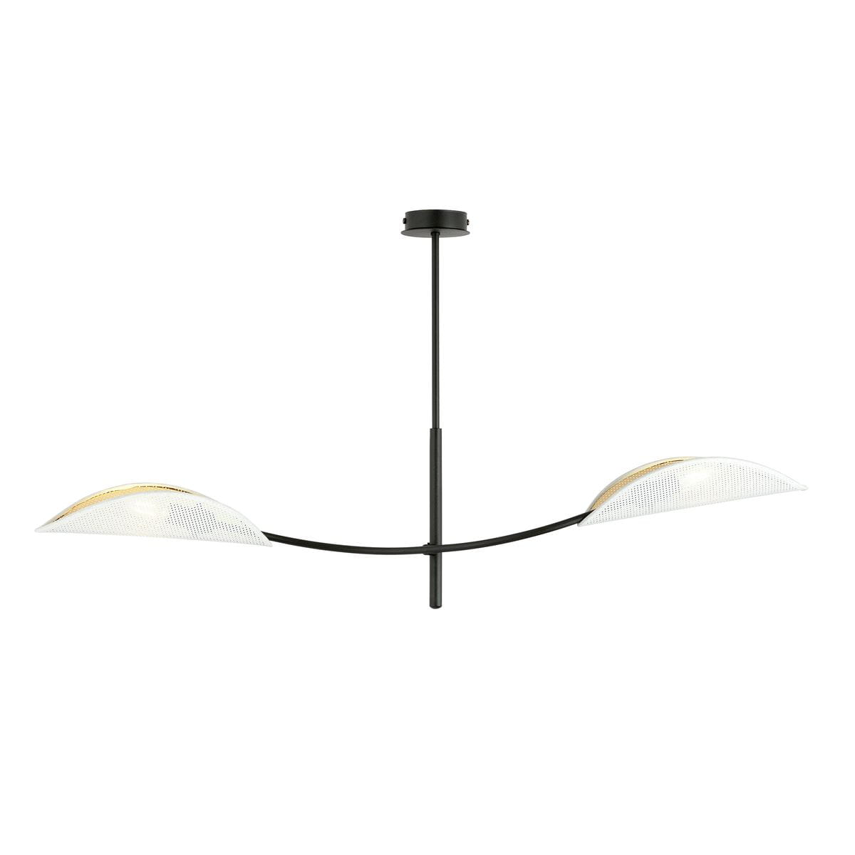Lampa sufitowa Lotus 2-punktowa w kolorze białym i złotym, z dwóch asymetrycznych kloszy w kształcie półkul, zawieszona na cienkim czarnym stelażu. Ujęcie frontalne, wisząca konstrukcja, na jednolitym tle.