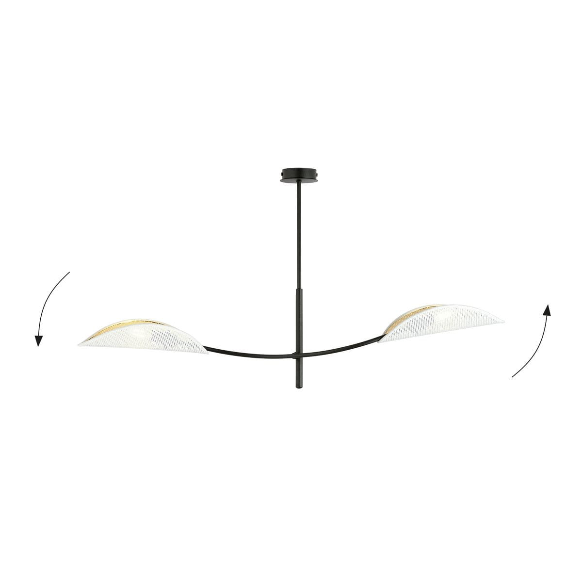 Lampa sufitowa Lotus 2-punktowa w kolorze białym i złotym. Ma dwa klosze o lekko zaokrąglonym kształcie, zawieszone na czarnym, smukłym ramieniu. Ujęcie frontalne, lampa wisząca z możliwością regulacji kąta nachylenia kloszy.