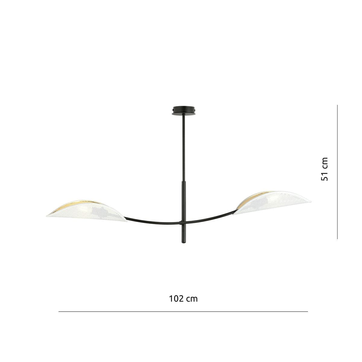 Lampa sufitowa Lotus 2-punktowa w białym i złotym kolorze. Ma dwa półkoliste klosze z przezroczystym wzorem, umieszczone na czarnym metalowym stelażu. Wymiary: długość 102 cm, wysokość 51 cm. Zawieszona na prostym mocowaniu sufitowym.
