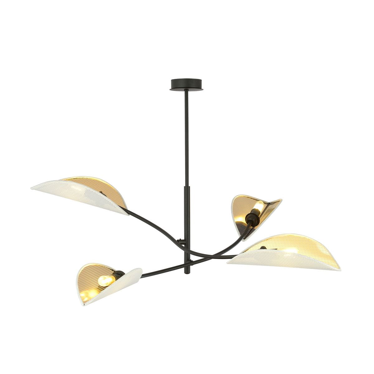 Lampa sufitowa 4-punktowa Lotus w kolorze białym i złotym, z czarną metalową konstrukcją. Posiada cztery klosze w kształcie liści, ustawione na elastycznych ramionach, zawieszona na cienkim drucie. Idealna do nowoczesnych wnętrz.