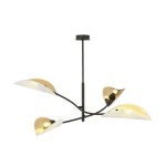 Lampa sufitowa 4-punktowa Lotus w kolorze białym i złotym, z czarną metalową konstrukcją. Posiada cztery klosze w kształcie liści, ustawione na elastycznych ramionach, zawieszona na cienkim drucie. Idealna do nowoczesnych wnętrz.