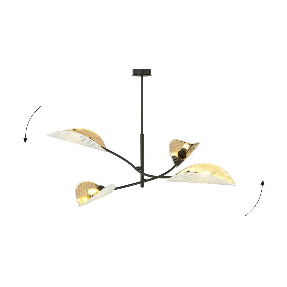 Lampa sufitowa Lotus 4-punktowa w kolorze białym i złotym, z czarnym stelażem. Posiada cztery klosze w kształcie liści, skierowane w różnych kierunkach. Produkt wiszący, z eleganckim, nowoczesnym designem, idealny do wnętrz.