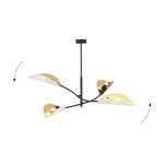Lampa sufitowa Lotus 4-punktowa w kolorze białym i złotym, z czarnym stelażem. Posiada cztery klosze w kształcie liści, skierowane w różnych kierunkach. Produkt wiszący, z eleganckim, nowoczesnym designem, idealny do wnętrz.