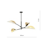 Lampa sufitowa Lotus 4-punktowa w kolorze białym i złotym, z czterema kloszami w kształcie liści, zawieszona na cienkim, czarnym stelażu. Wymiary: 102 cm szerokości i 51 cm wysokości, idealna do nowoczesnych wnętrz.