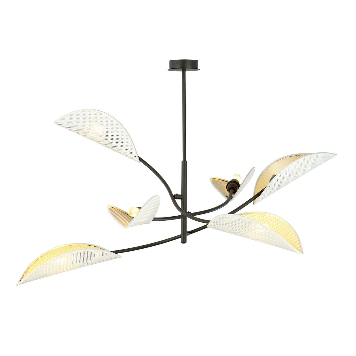 Lampa sufitowa Lotus 6-punktowa w kolorze białym i złotym, o nowoczesnym designie. Składa się z sześciu asymetrycznych kloszy w kształcie liści, zamocowanych na czarnym stelażu. Zawieszona na prostym mocowaniu sufitowym.