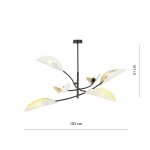 Lampa sufitowa Lotus 6-punktowa w białym i złotym kolorze, z metalowymi ramionami i kloszami w kształcie liści. Wymiary: 102 cm szerokości, 51 cm wysokości. Klosze z białym i złotym wykończeniem, zamontowana na czarnym stelażu.