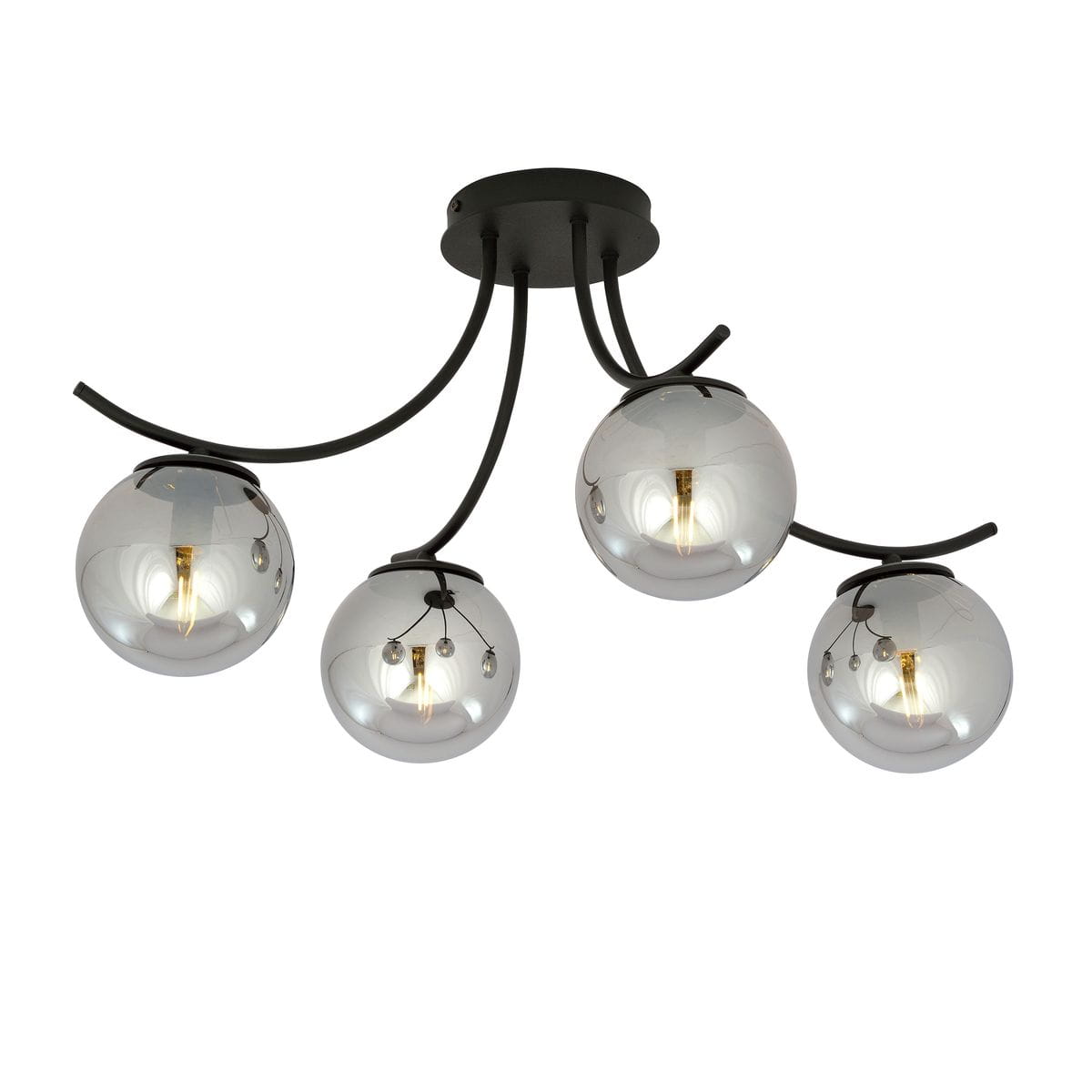 Czarna lampa sufitowa Boston z czterema kulistymi kloszami w grafitowym kolorze. Klosze mają gładką, błyszczącą powierzchnię, a całość jest zamontowana na czarnym stelażu z wygiętymi ramionami, co nadaje nowoczesny wygląd.