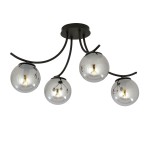 Czarna lampa sufitowa Boston z czterema kulistymi kloszami w grafitowym kolorze. Klosze mają gładką, błyszczącą powierzchnię, a całość jest zamontowana na czarnym stelażu z wygiętymi ramionami, co nadaje nowoczesny wygląd.