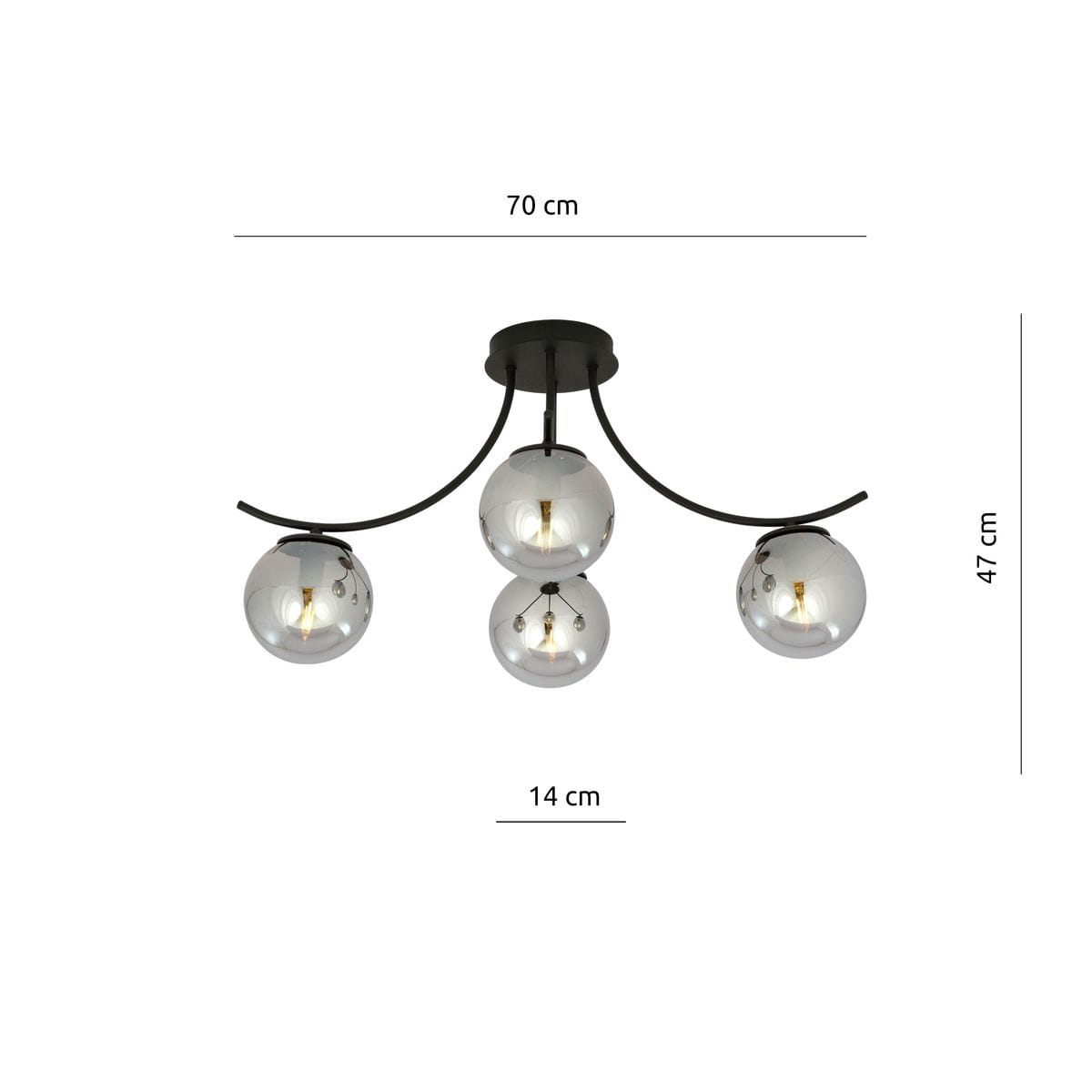 Czarna/grafitowa lampa sufitowa 4-punktowa Boston z trzema okrągłymi kloszami o średnicy 14 cm, zawieszona na prostych ramionach. Wymiary: 70 cm szerokości, 47 cm wysokości. Prosta konstrukcja, idealna do nowoczesnych wnętrz.