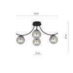 Czarna/grafitowa lampa sufitowa 4-punktowa Boston z trzema okrągłymi kloszami o średnicy 14 cm, zawieszona na prostych ramionach. Wymiary: 70 cm szerokości, 47 cm wysokości. Prosta konstrukcja, idealna do nowoczesnych wnętrz.