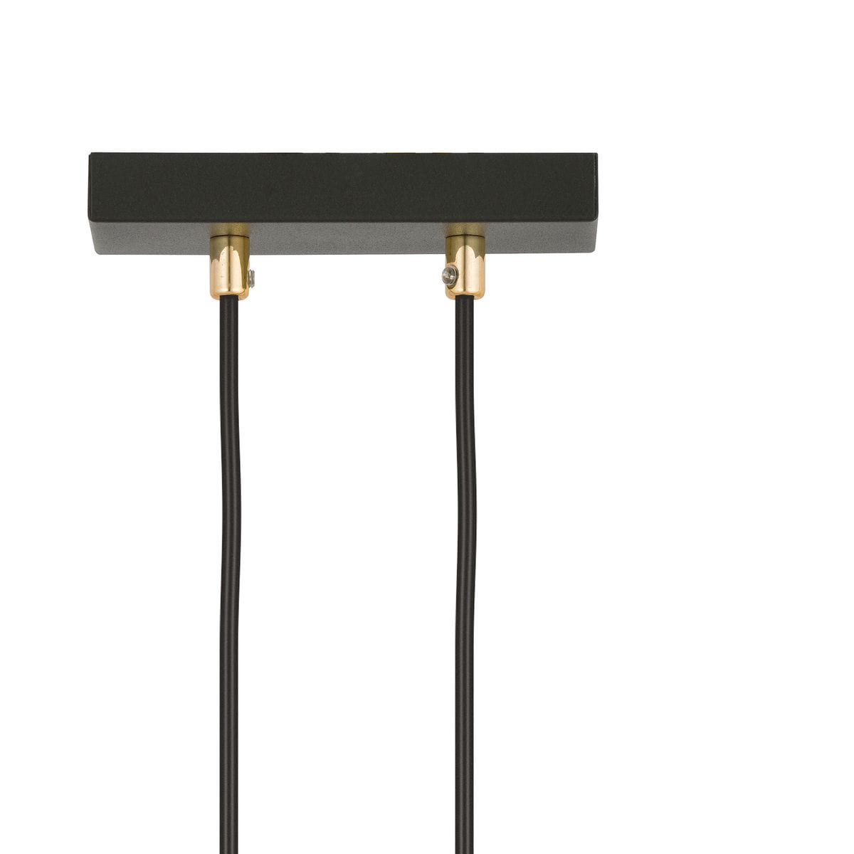 Lampa wisząca Glam 1-punktowa w kolorze czarnym i białym, z prostokątnym, czarnym uchwytem i dwoma złotymi mocowaniami. Kable w kolorze czarnym. Ujęcie z góry, pokazujące szczegóły mocowania i przewodów.