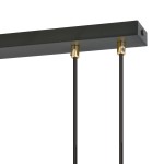 Czarna lampa wisząca 3-punktowa Glam 1112/3 z metalową podstawą i dwoma czarnymi przewodami, zawieszona na prostej, poziomej belce. Widoczne złote mocowania przewodów. Idealna do nowoczesnych wnętrz.