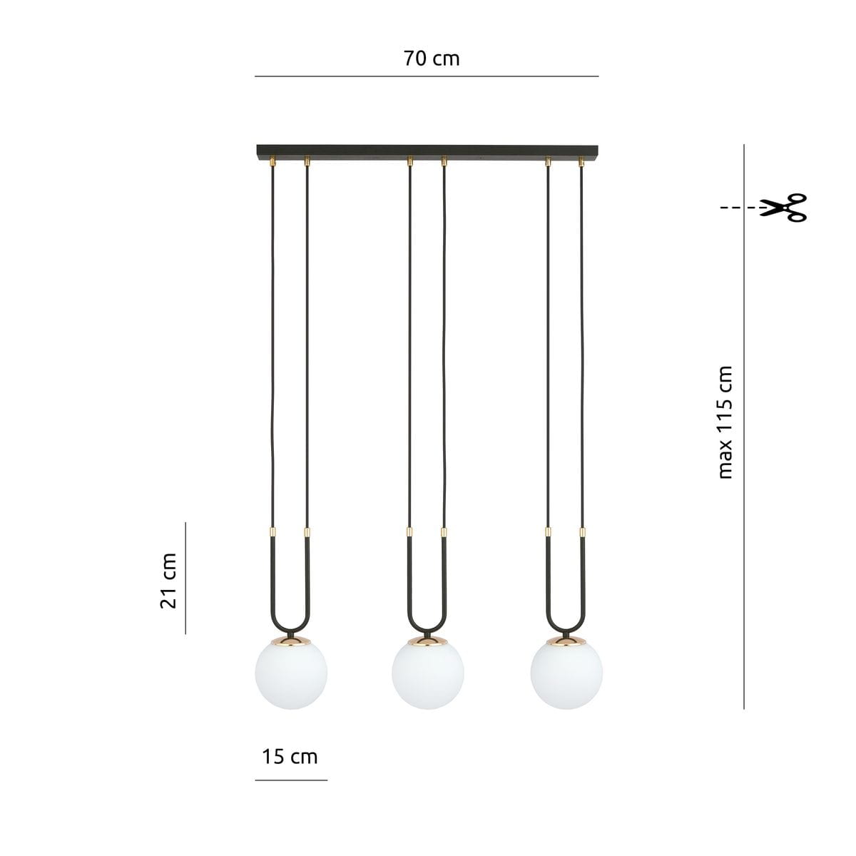 Lampa wisząca 3-punktowa w kolorze czarnym i białym, z trzema okrągłymi kloszami o średnicy 15 cm, zawieszona na czarnych linkach. Wymiary: 70 cm szerokości, 21 cm wysokości, maksymalna długość 115 cm. Złote detale przy kloszach.